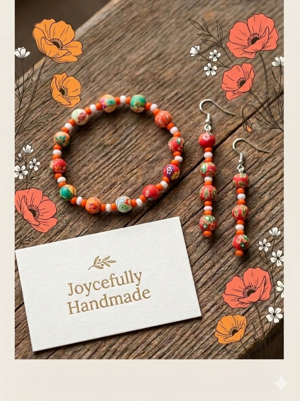Orange Floral Beaded Bracelet and Earrings Set